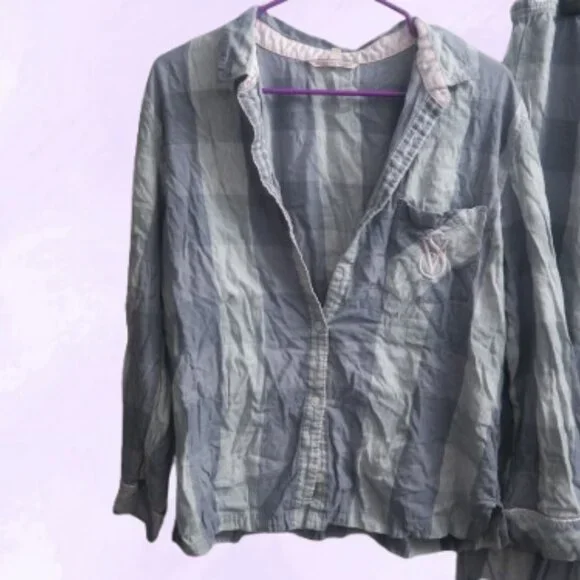 Victoria's Secret buffalo plaid pj pajamas sleepwear set in blue size large. - Picture 2 of 14